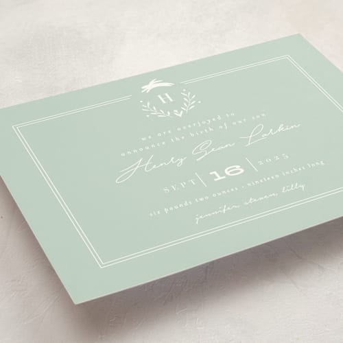 This is a pale mint birth announcements with standard by Susan Brown called classic baby monogram printing on signature in standard