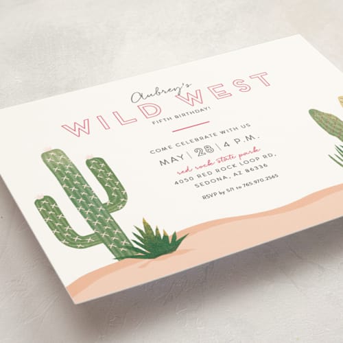 This is a magenta kids birthday invitations with foil pressed by Casey Brock called wild west printing on signature in standard