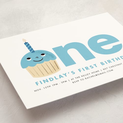 This is a bluebird kids birthday invitations with foil pressed by mo kelley called one cupcake printing on signature in standard