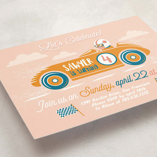 This is a blush kids birthday invitations with standard by Igor called speed time printing on signature in standard