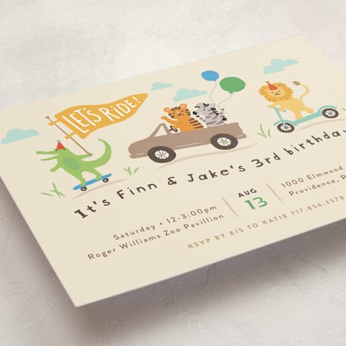 This is a crepe kids birthday invitations with standard by Jennifer Wick called let's ride printing on signature in standard