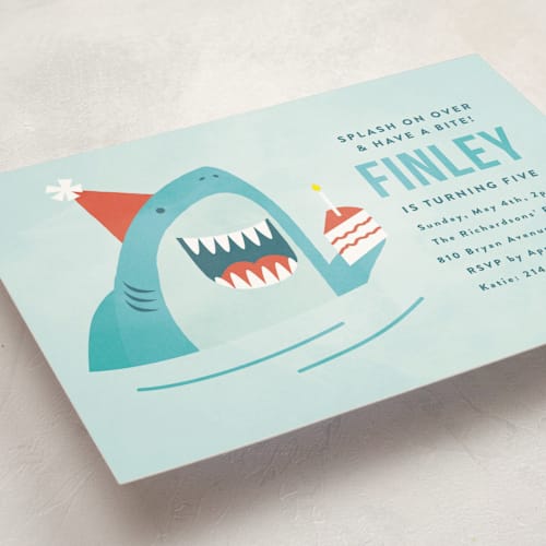 This is a ocean kids birthday invitations with standard by Susan Asbill called shark splash printing on signature in standard