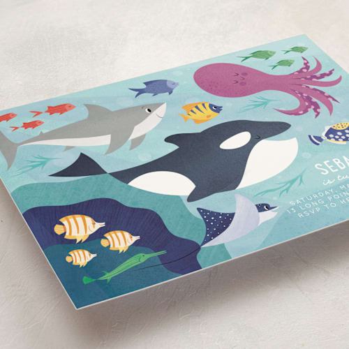 This is a ocean kids birthday invitations with standard by Sabrin Deirani called sea party printing on signature in standard