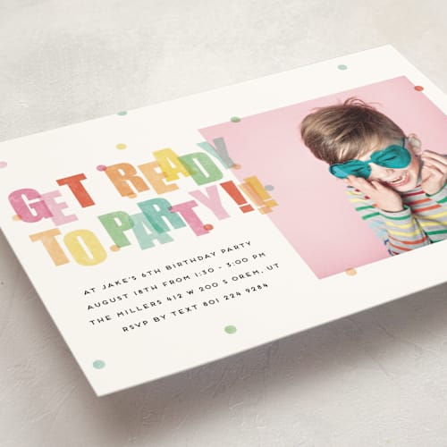 This is a sprinkles kids birthday invitations with standard by Stephanie Hawkes called get ready to party printing on signature in standard