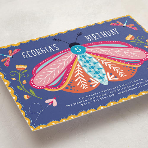 This is a peony kids birthday invitations with standard by Erin Deegan called buggy printing on signature in standard