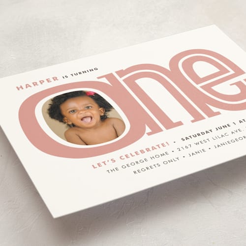 This is a dusty rose kids birthday invitations with standard by Snow and Ivy called big one printing on signature in standard