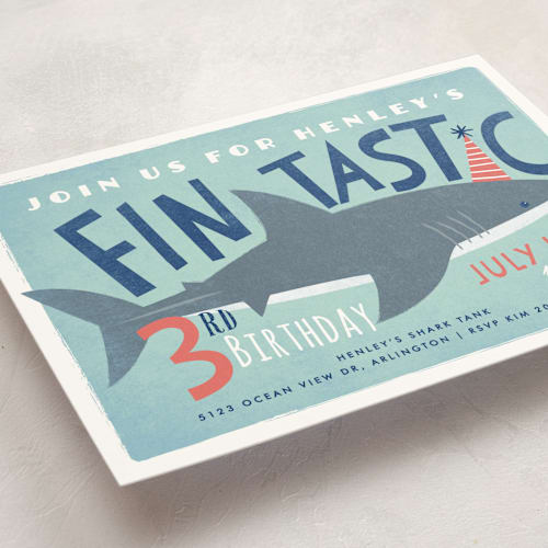 This is a ocean kids birthday invitations with standard by Karidy Walker called shark tank printing on signature in standard