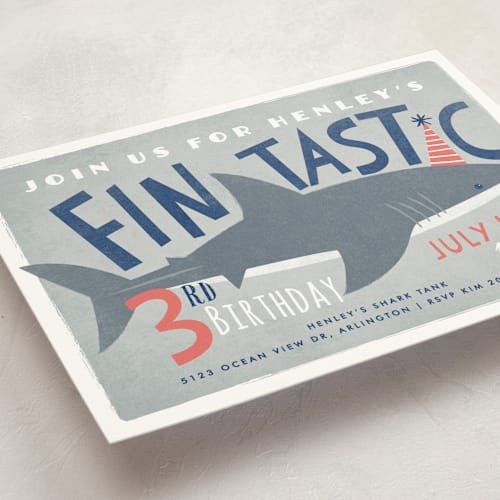 This is a metal kids birthday invitations with standard by Karidy Walker called shark tank printing on signature in standard