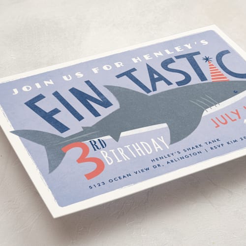 This is a midnight kids birthday invitations with standard by Karidy Walker called shark tank printing on signature in standard