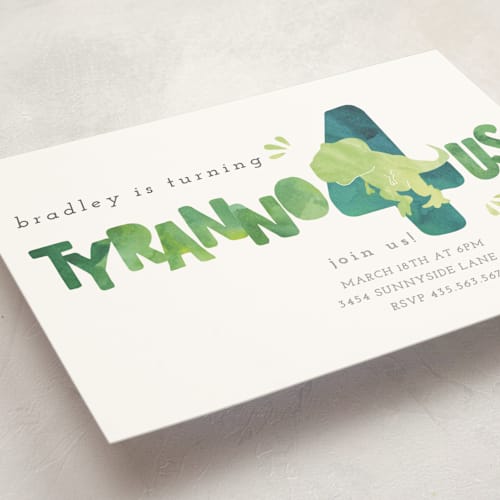 This is a lime kids birthday invitations with standard by Cindy Denning called dino party printing on signature in standard