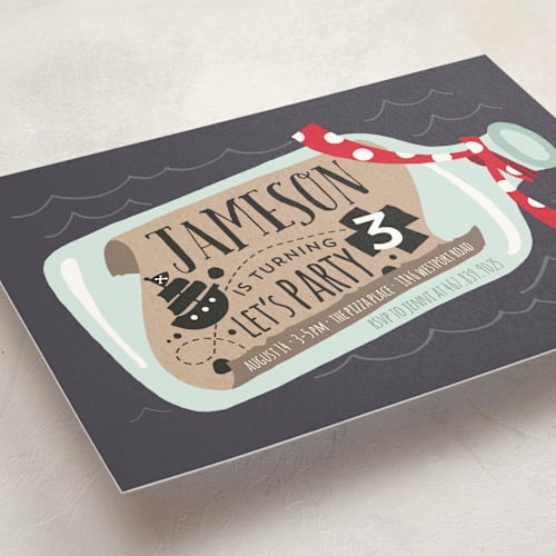 This is a cherry red kids birthday invitations with standard by JeAnna Casper called message in a bottle printing on signature in standard