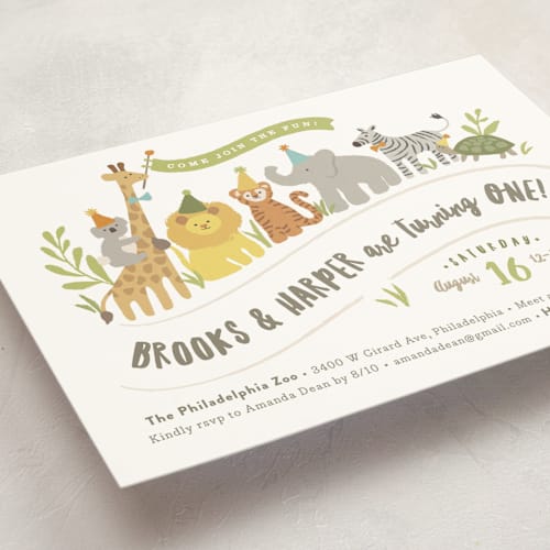 This is a pear kids birthday invitations with standard by Jennifer Wick called animals on parade printing on signature in standard