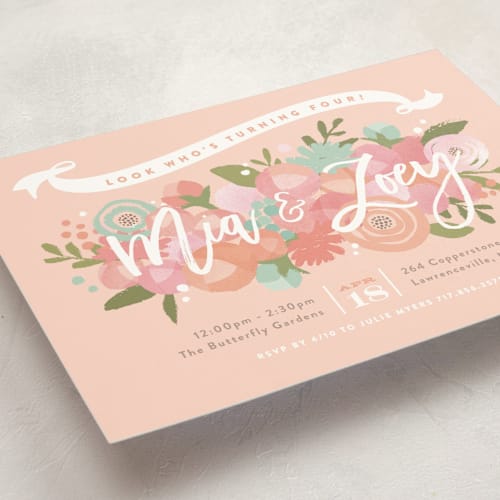 This is a peach kids birthday invitations with standard by Jennifer Wick called blooming peonies printing on signature in standard
