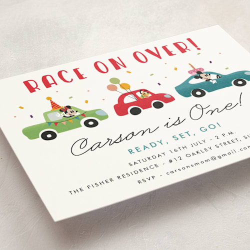 This is a candy kids birthday invitations with standard by Oma N. Ramkhelawan called disney's mickey mouse race printing on signature in standard