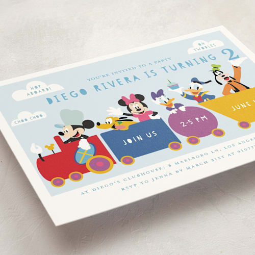 This is a sky kids birthday invitations with standard by Madhvi Samimi called disney mickey & friends birthday train printing on signature in standard