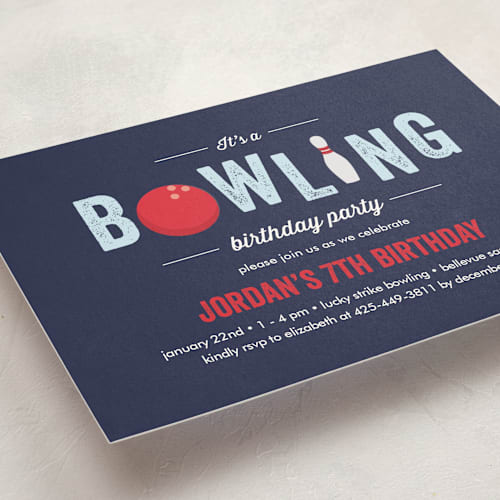 This is a blue slate kids birthday invitations with standard by Anupama called bowling birthday party printing on signature in standard
