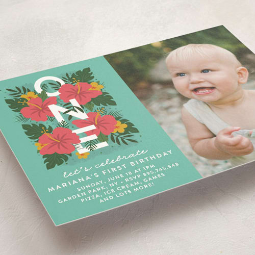 This is a evergreen kids birthday invitations with standard by Joanne James called festive one printing on signature in standard