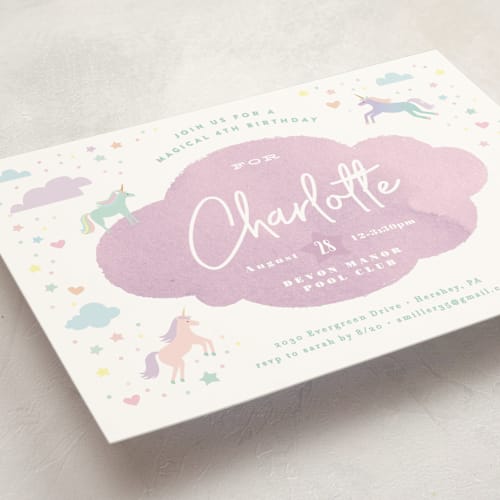 This is a grape kids birthday invitations with standard by Jennifer Wick called unicorn dreams printing on signature in standard
