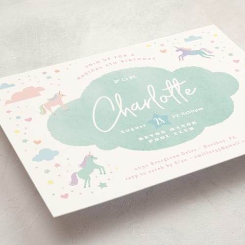 This is a teal kids birthday invitations with standard by Jennifer Wick called unicorn dreams printing on signature in standard