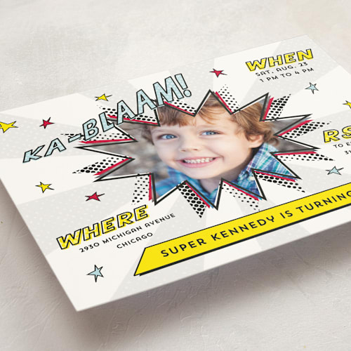 This is a ka-blaam kids birthday invitations with standard by Lehan Veenker called comic superhero printing on signature in standard