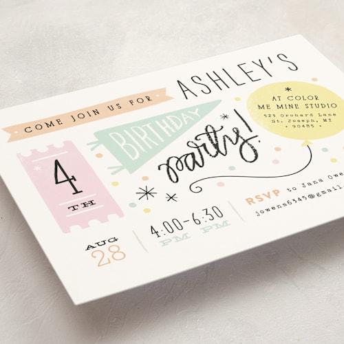 This is a cotton candy kids birthday invitations with standard by Jennifer Wick called details details printing on signature in standard