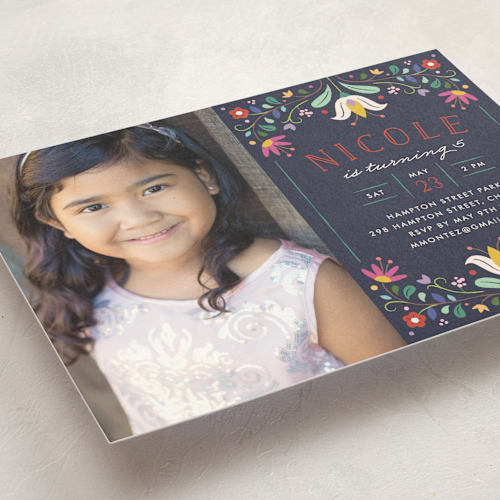 This is a navy kids birthday invitations with standard by Amber Barkley called folk florals printing on signature in standard