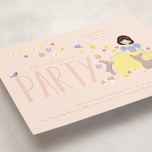 This is a peach kids birthday invitations with standard by Angela Thompson called disney's snow white & forest friends printing on signature in standard
