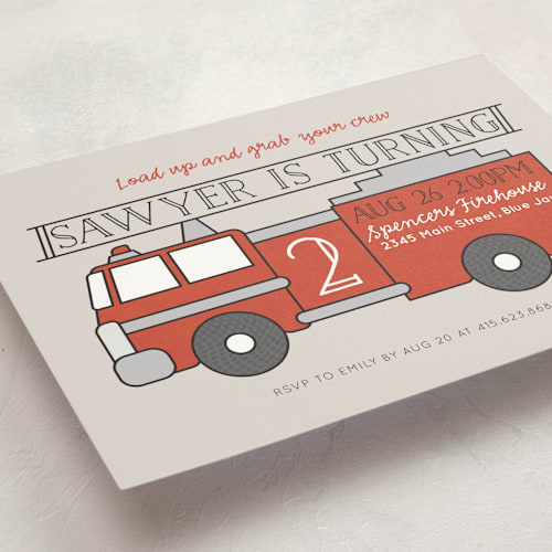 This is a firetruck kids birthday invitations with standard by Korry Brown called fire house party printing on signature in standard