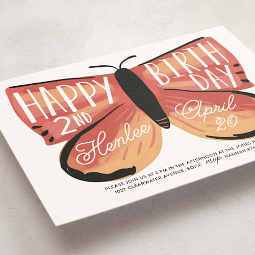 This is a coral kids birthday invitations with standard by Rebecca Durflinger called birthday butterfly printing on signature in standard
