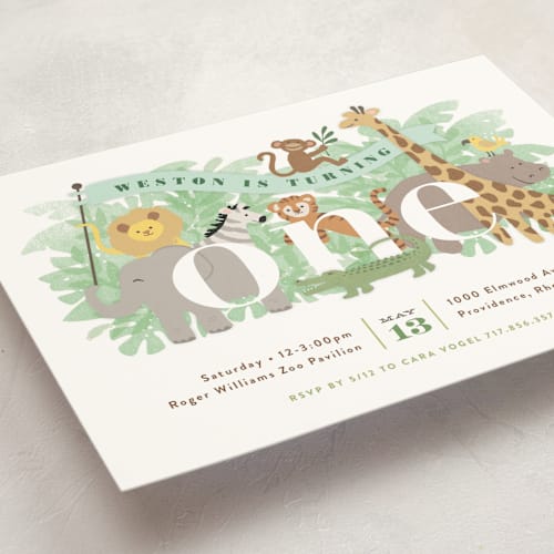 This is a jungle kids birthday invitations with standard by Jennifer Wick called jungle one printing on signature in standard