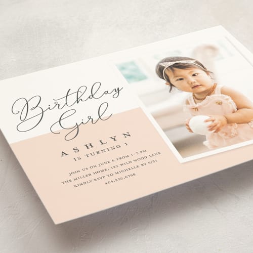 This is a blush kids birthday invitations with standard by Stacey Meacham called modern girl printing on signature in standard