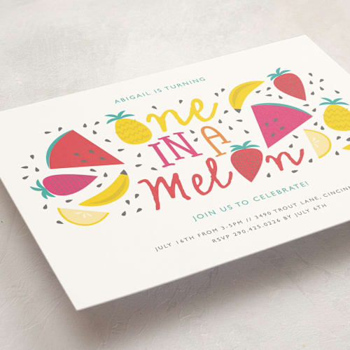 This is a honey drew kids birthday invitations with standard by Bethany Anderson called one in a melon printing on signature in standard