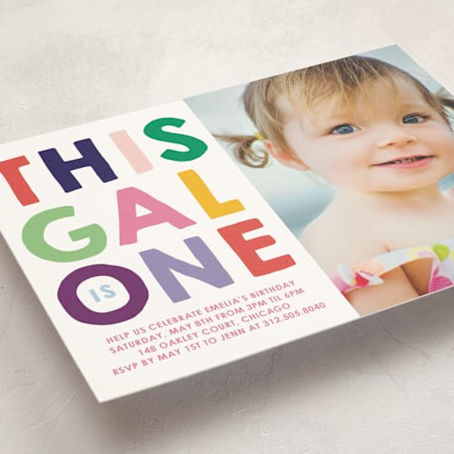 This is a fuchsia kids birthday invitations with standard by Baumbirdy called this gal printing on signature in standard