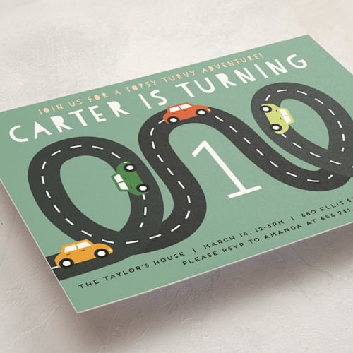 This is a grass kids birthday invitations with standard by Jennifer Lew called little racer printing on signature in standard