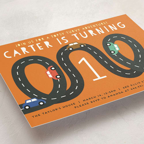 This is a persimmon kids birthday invitations with standard by Jennifer Lew called little racer printing on signature in standard