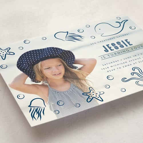 This is a ocean kids birthday invitations with standard by Lehan Veenker called aquatic doodles printing on signature in standard