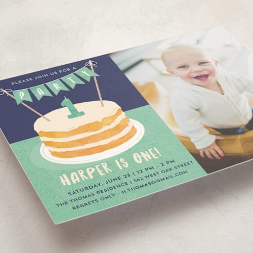 This is a mint kids birthday invitations with standard by Kerry Doyle called buttercream & bunting printing on signature in standard
