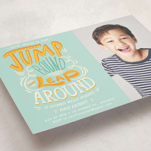 This is a sky kids birthday invitations with standard by Shiny Penny Studio called jump bound & leap printing on signature in standard