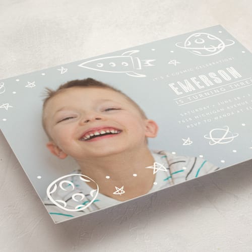 This is a ivory kids birthday invitations with standard by Lehan Veenker called cosmic doodles printing on signature in standard