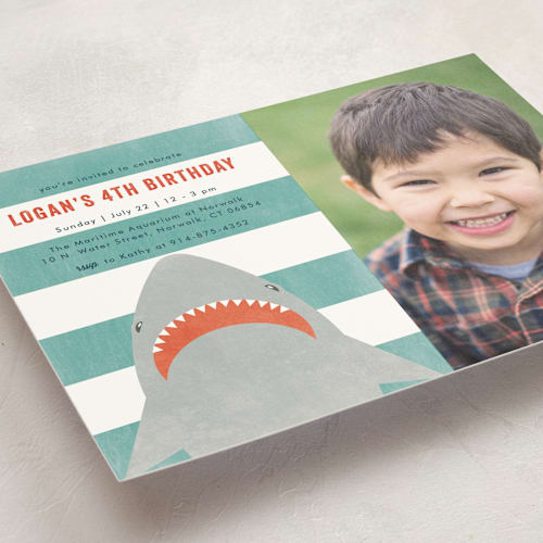 This is a ocean kids birthday invitations with standard by Annie Holmquist called fin-tastic! printing on signature in standard