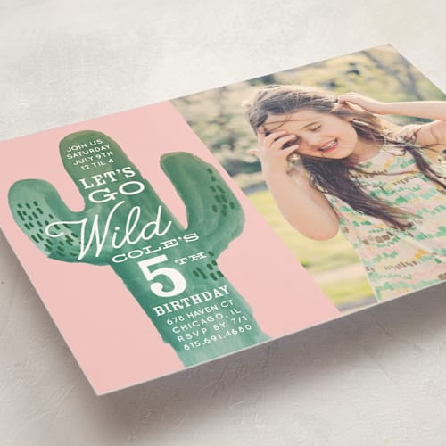 This is a blush kids birthday invitations with standard by Baumbirdy called wild cactus printing on signature in standard