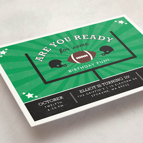 This is a sporting green kids birthday invitations with standard by lena barakat called go team printing on signature in standard