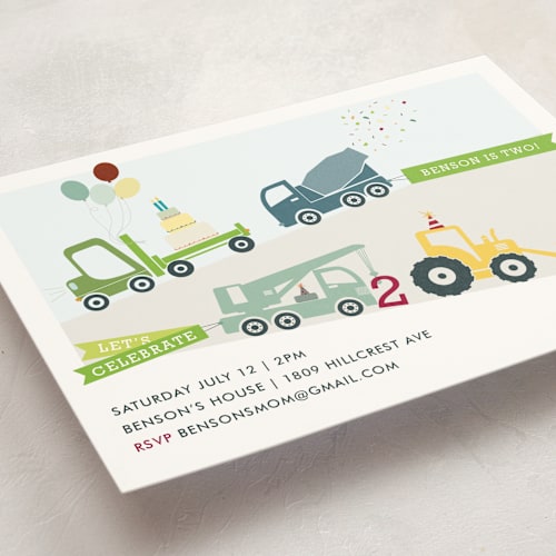 This is a grass kids birthday invitations with standard by Rebecca Bowen called trucks on parade printing on signature in standard
