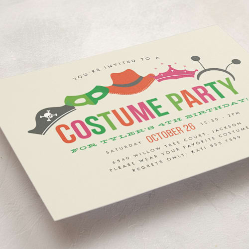 This is a fun kids birthday invitations with standard by Jill Means called costume party printing on signature in standard