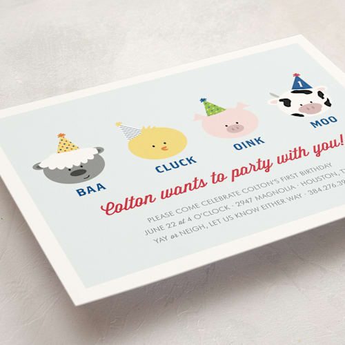 This is a sky blue kids birthday invitations with standard by Leslie Ann Jones called barnyard crew printing on signature in standard