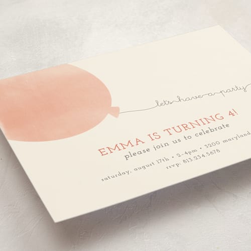 This is a coral kids birthday invitations with standard by Brianne Larsen called simple balloon printing on signature in standard