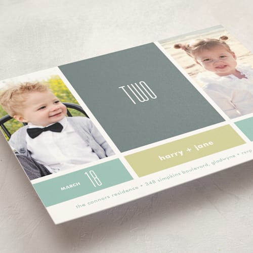 This is a slate kids birthday invitations with standard by Carol Fazio called modern blocks printing on signature in standard