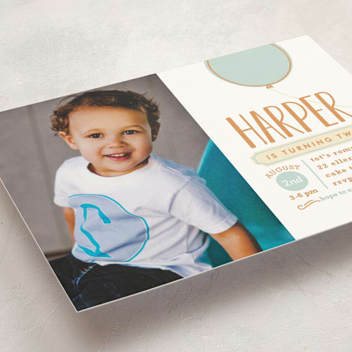 This is a sky kids birthday invitations with standard by Melanie Severin called mod balloon printing on signature in standard