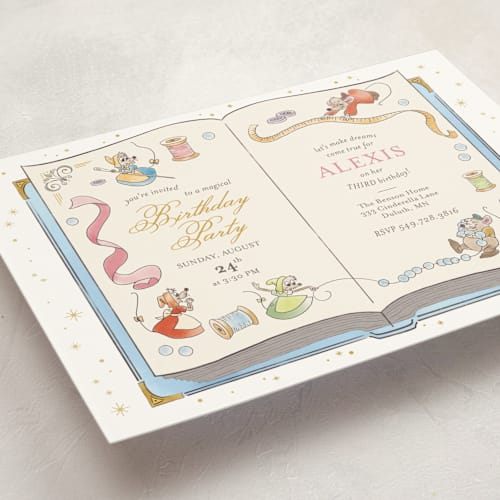 This is a teal kids birthday invitations with standard by Three Wings North called cinderella storybook birthday printing on signature in standard