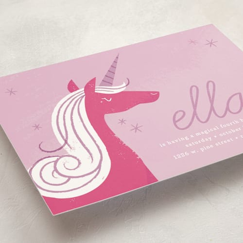 This is a lilac kids birthday invitations with standard by Carmi Cioni called sweet unicorn printing on signature in standard